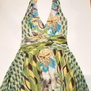 Y2k Bisou Bisou flowy Vintage Printed Flowy Halter Top Womens Small Green Yellow